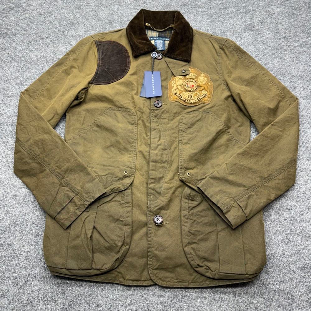 Ralph Lauren Women Olive Green Cotton Field Jacket Suede Trim Bullion Crest S